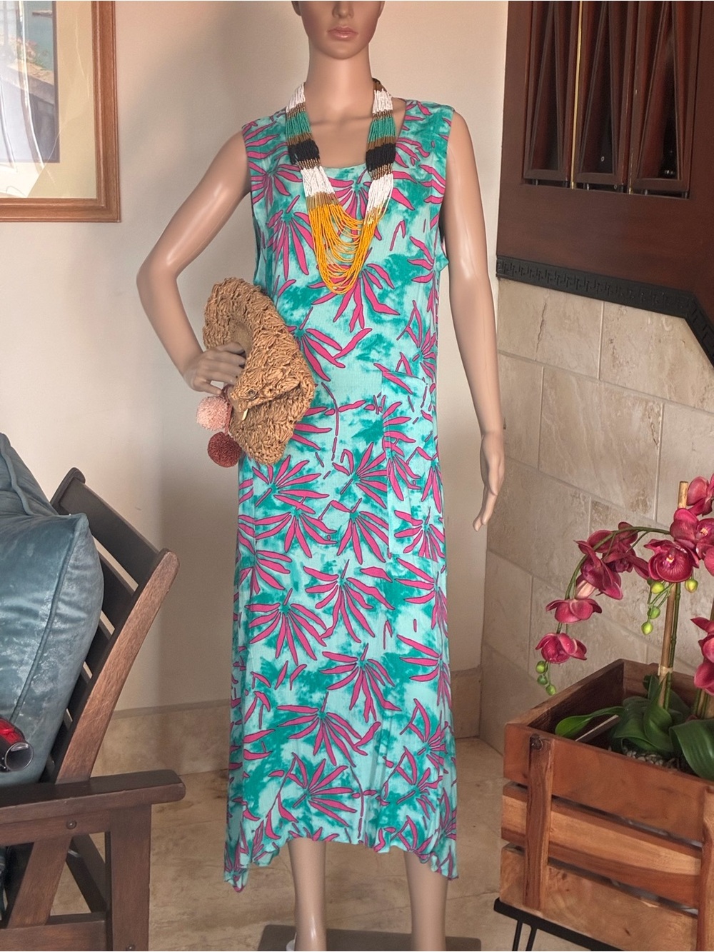 Kaktus Turquoise Maxi Dress with Pink Floral Print